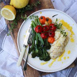 Baked Fish with English Summer Veg