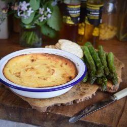 Yorkshire Rapeseed Oil recipe Baked Ricotta with Chilli & Spice Oil and local asparagus 