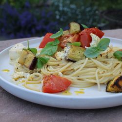 Spaghetti with Lemon Roasted Vegetables & Feta