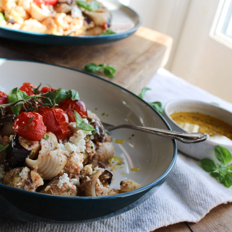 Roasted Aubergine, Olive & Tomato Pasta