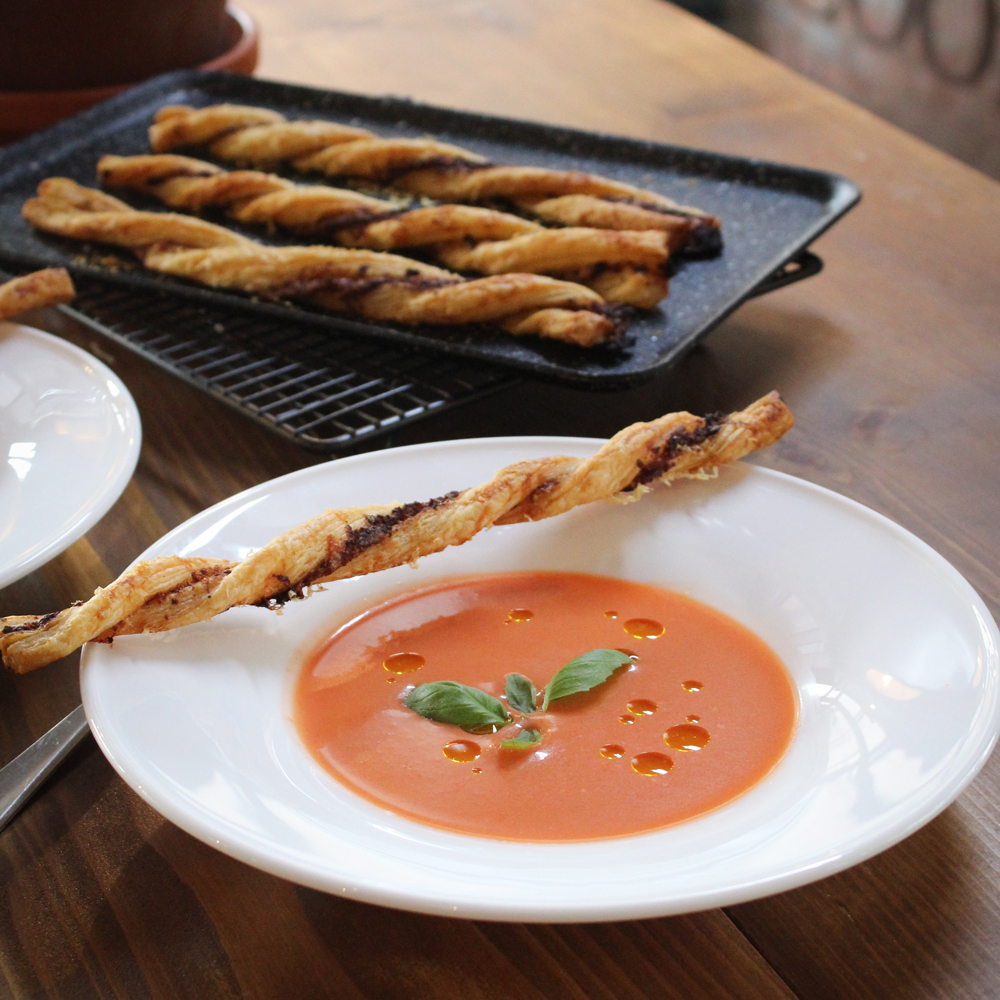 Raspberry Gazpacho with Olive Sticks